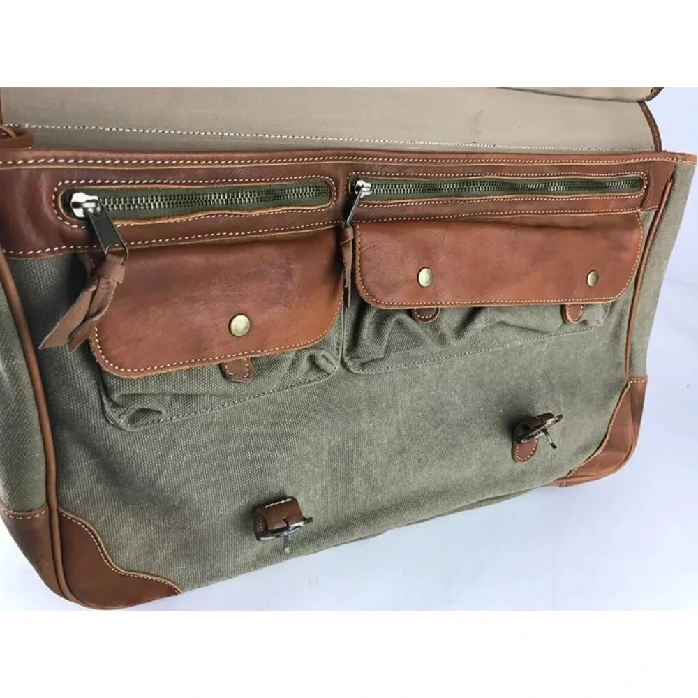 Unisex Adults Beige Brown Canvas Inner Zip‎ Pockets Top Handle Messenger Bag